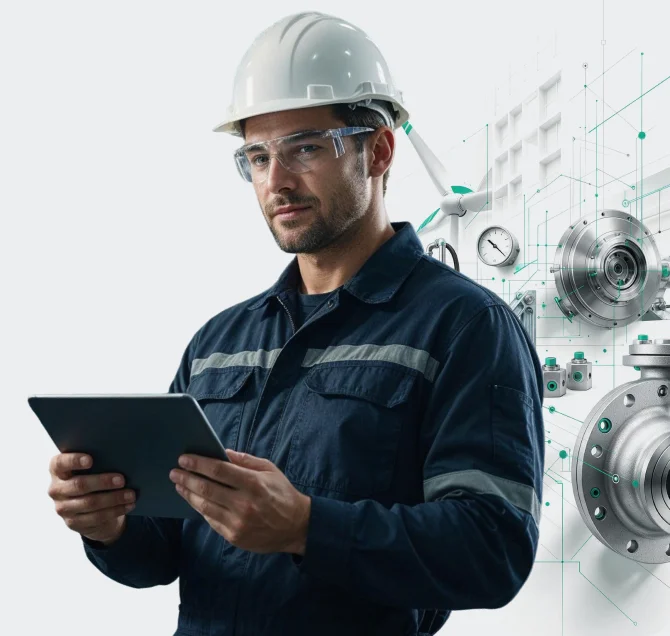 Técnico de capacete e uniforme consulta um tablet, diante de turbinas eólicas e equipamentos industriais