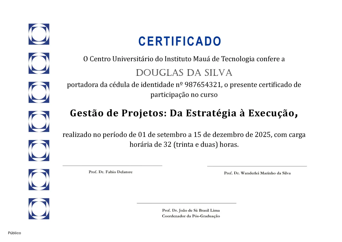 Modelo do certificado do curso de Gestão de Projetos