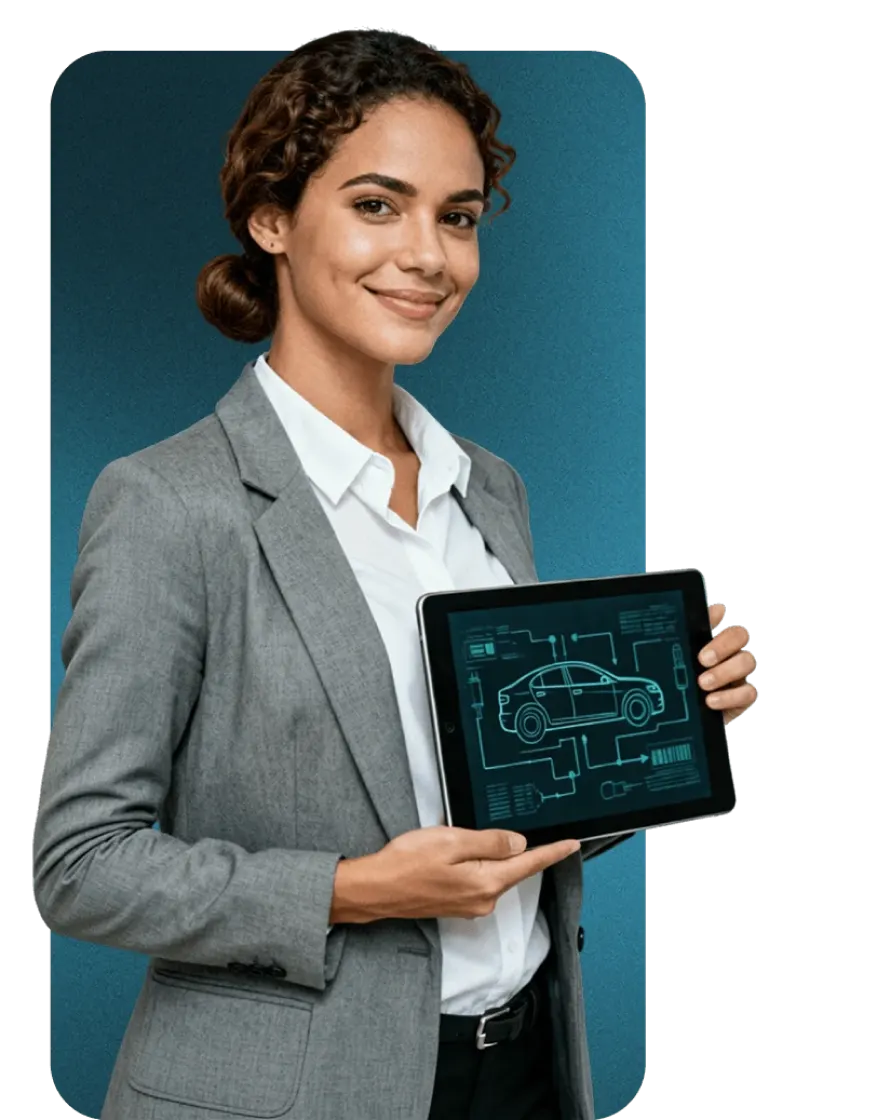Profissional sorridente segura um tablet com o desenho técnico de um carro